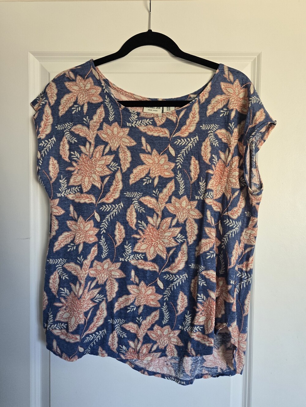Rachel Zoe blue and coral floral print 100% linen short-sleeve top Size XL
